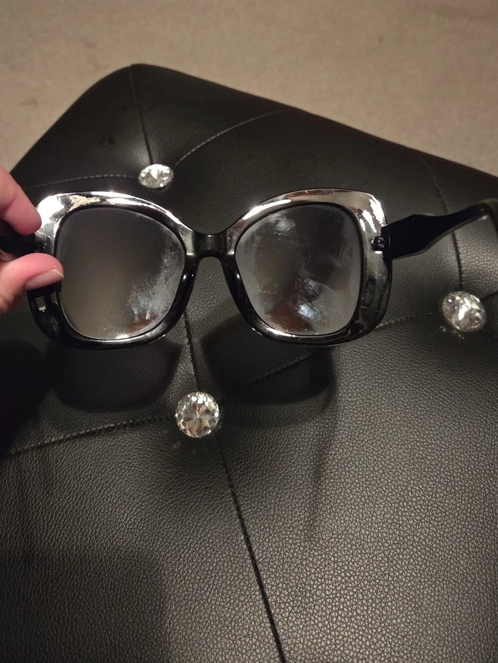 Black Crystal-Trim Oversized Women's Sunglasses